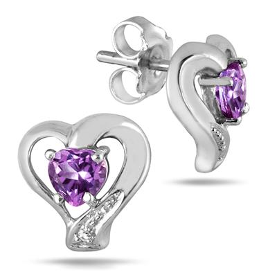 1.00 Carat Heart Shape Amethyst and Diamond Earrings in .925 Sterling Silver