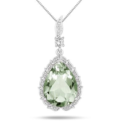 Szul Jewelry 8.00 Carat Pear Shape Green Amethyst White Topaz & Diamond Pendant in .925 Sterling Silver