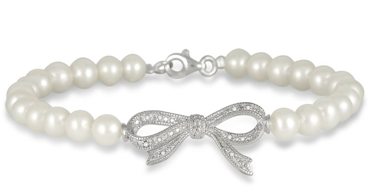 Freshwater White Pearl and Diamond Ribbon Bracelet in .925 Sterling Silver