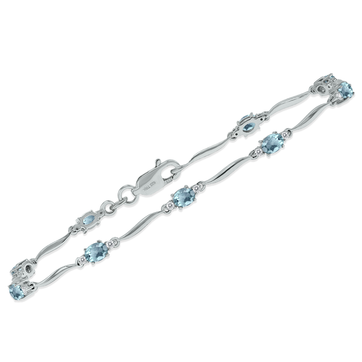 Aquamarine and Diamond Wave Link Bracelet in.925 Sterling Silver