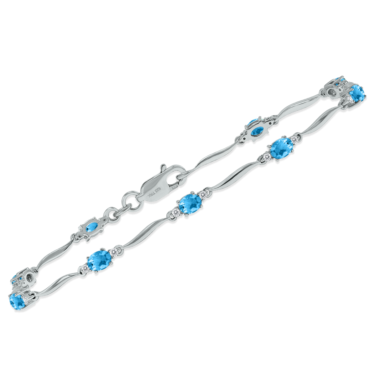 Blue Topaz and Diamond Wave Link Bracelet in.925 Sterling Silver