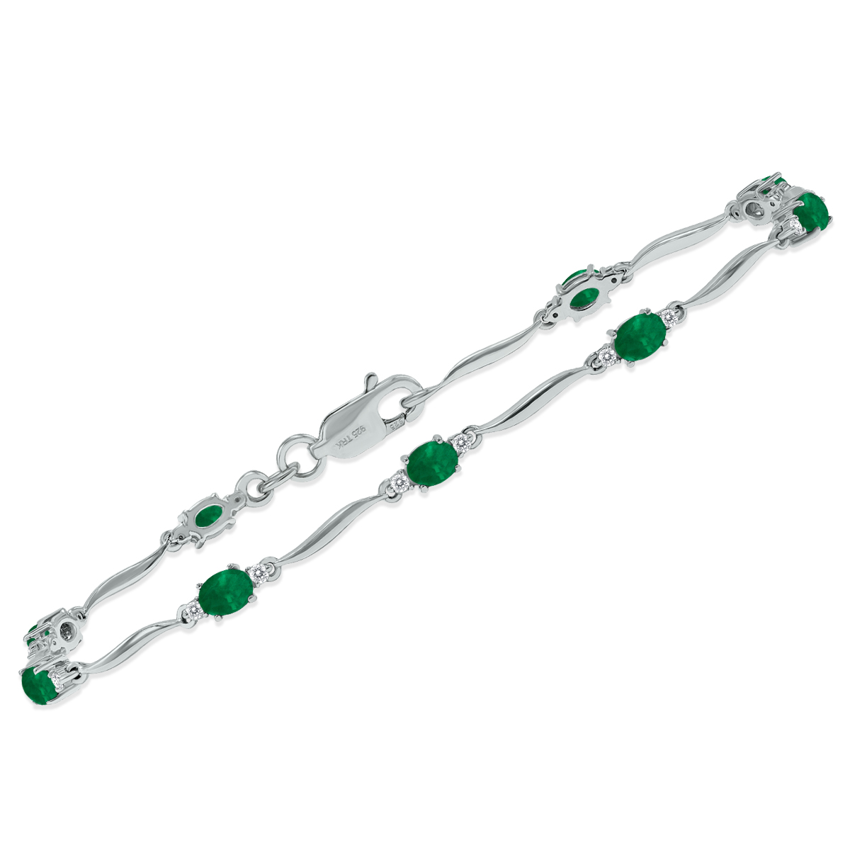 Emerald and Diamond Wave Link Bracelet in.925 Sterling Silver