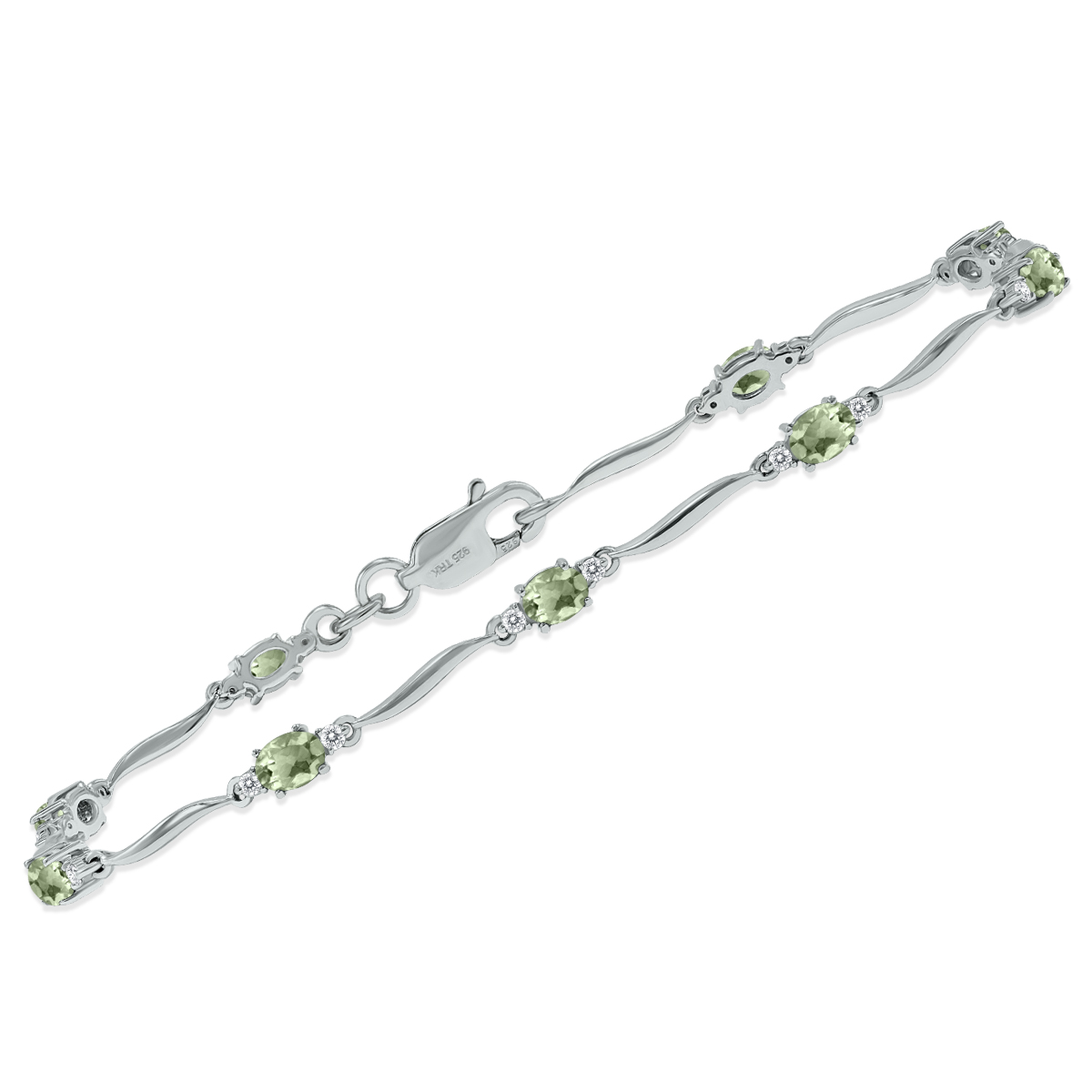 Green Amethyst and Diamond Wave Link Bracelet in .925 Sterling Silver