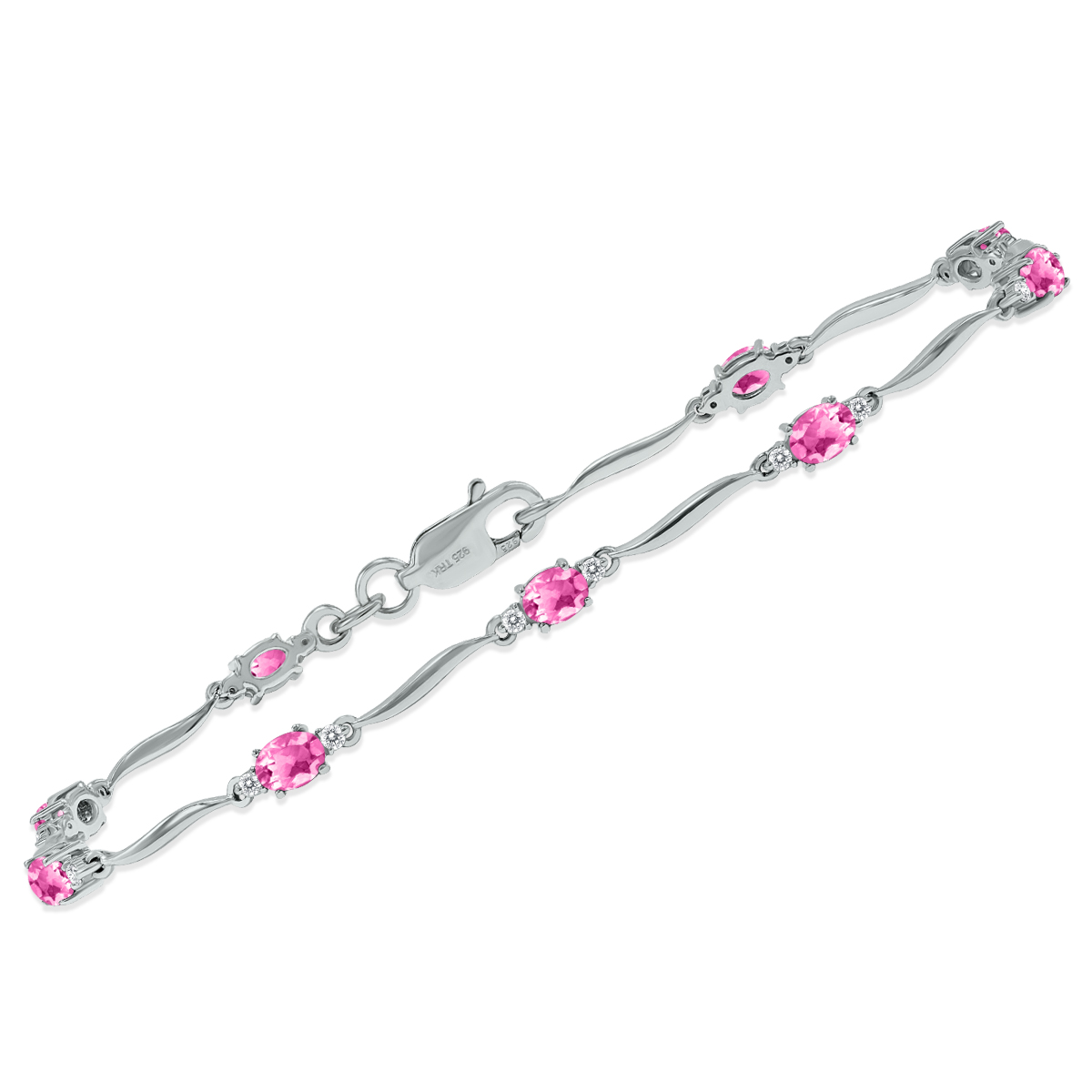 Pink Topaz and Diamond Wave Link Bracelet in.925 Sterling Silver