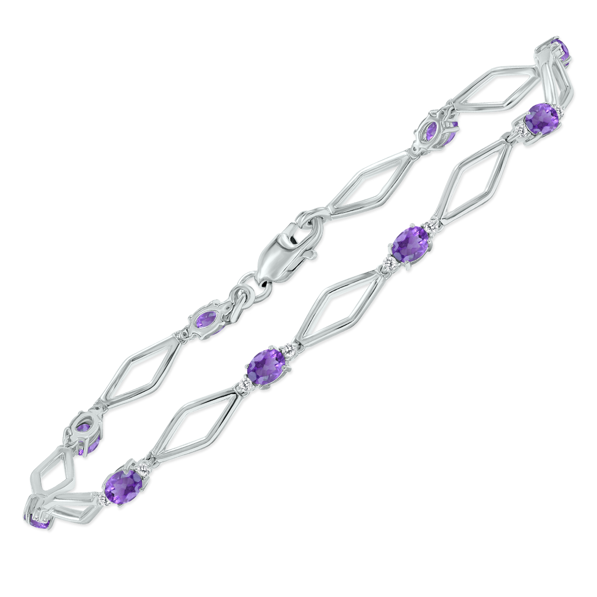Amethyst and Natural Diamond Star Link Bracelet in .925 Sterling Silver