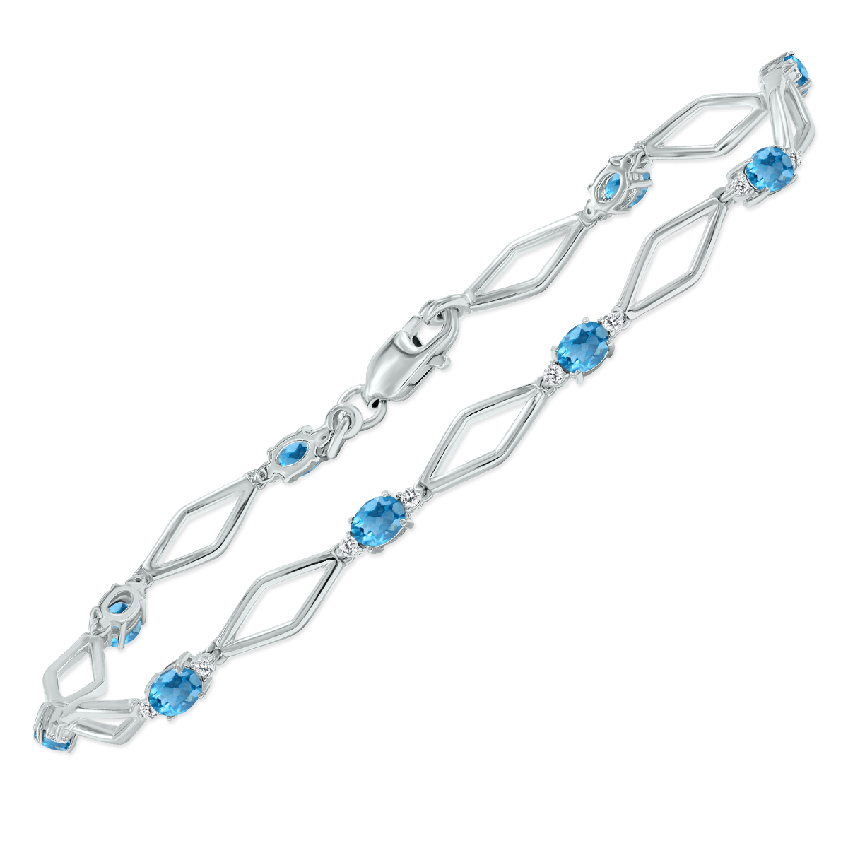 Blue Topaz and Natural Diamond Star Link Bracelet in .925 Sterling Silver