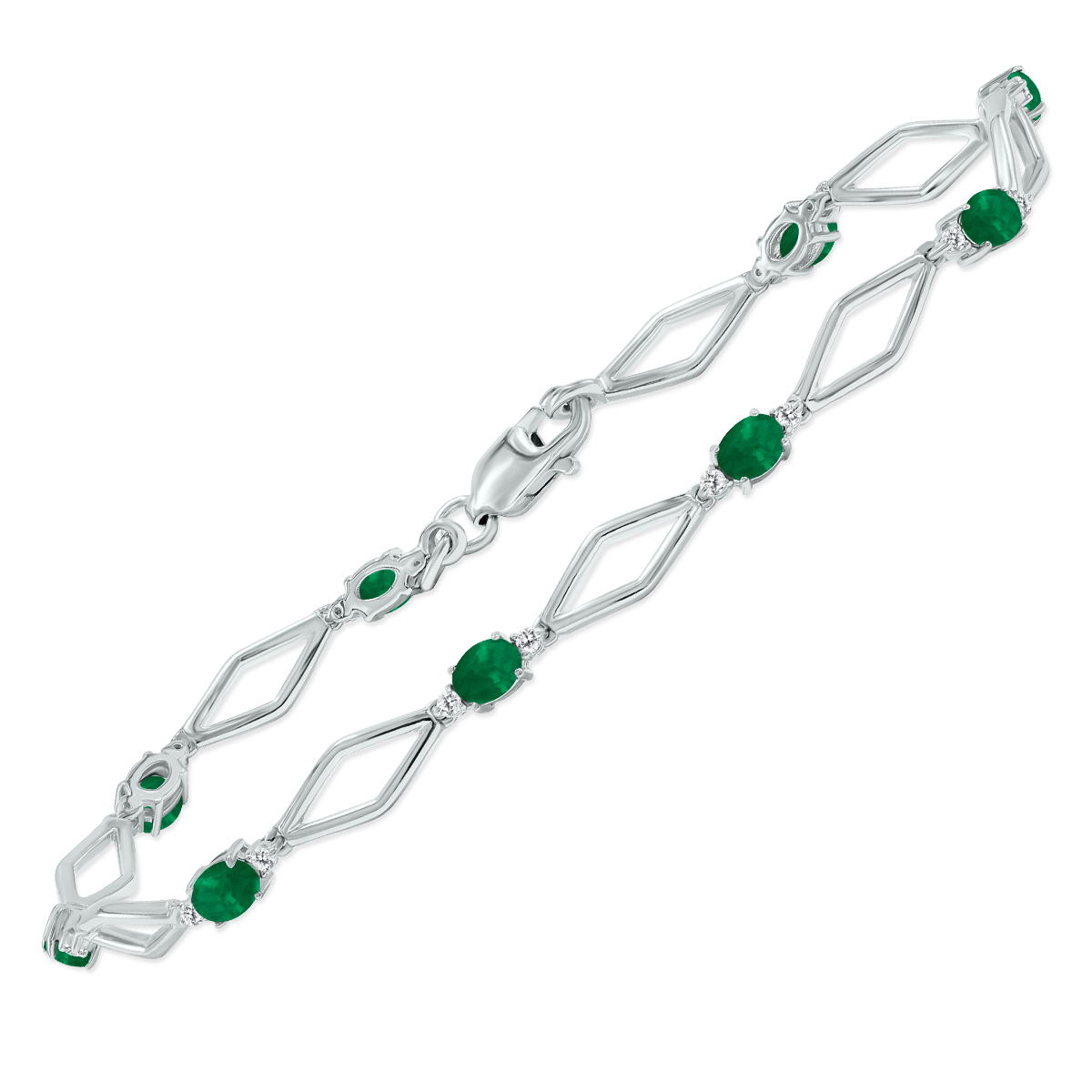 Emerald and Natural Diamond Star Link Bracelet in.925 Sterling Silver
