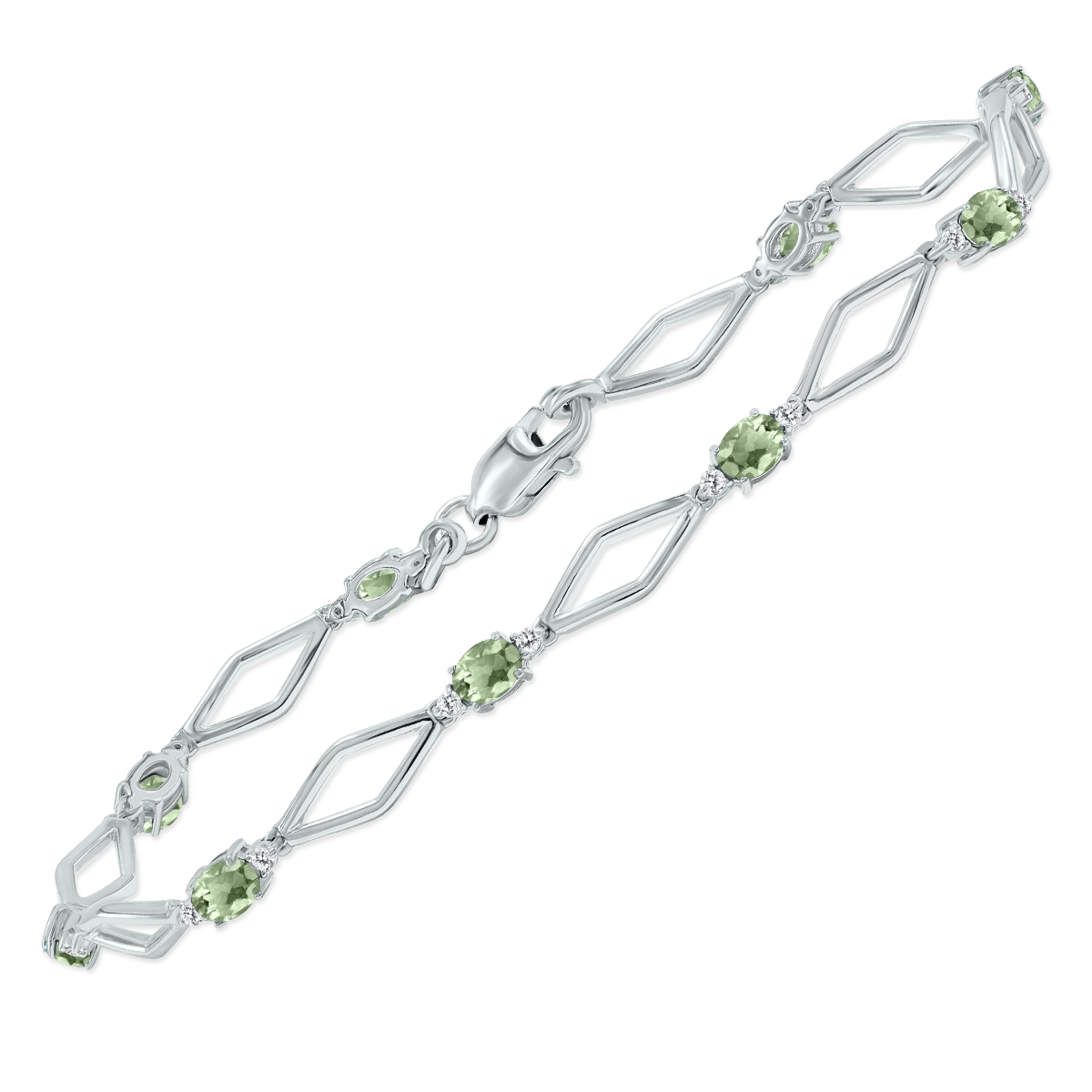 Green Amethyst and Natural Diamond Star Link Bracelet in .925 Sterling Silver