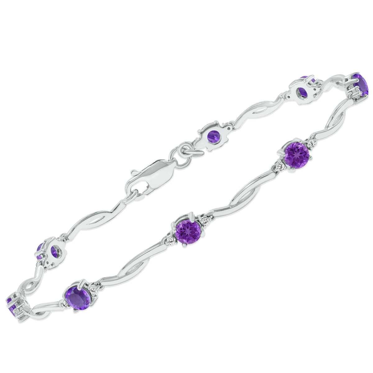Amethyst and Natural Diamond Braided Wave Bracelet in .925 Sterling Silver