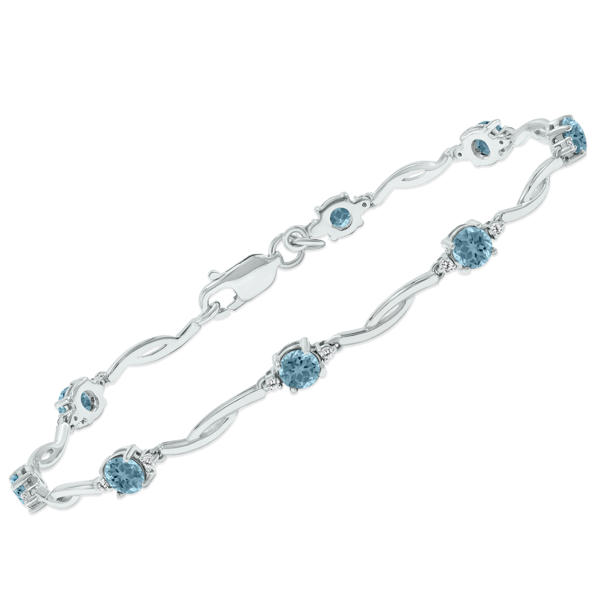 Aquamarine and Natural Diamond Braided Wave Bracelet in.925 Sterling Silver