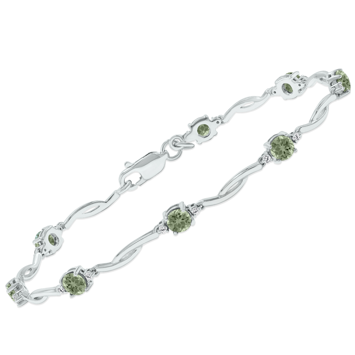 Green Amethyst and Natural Diamond Braided Wave Bracelet in .925 Sterling Silver