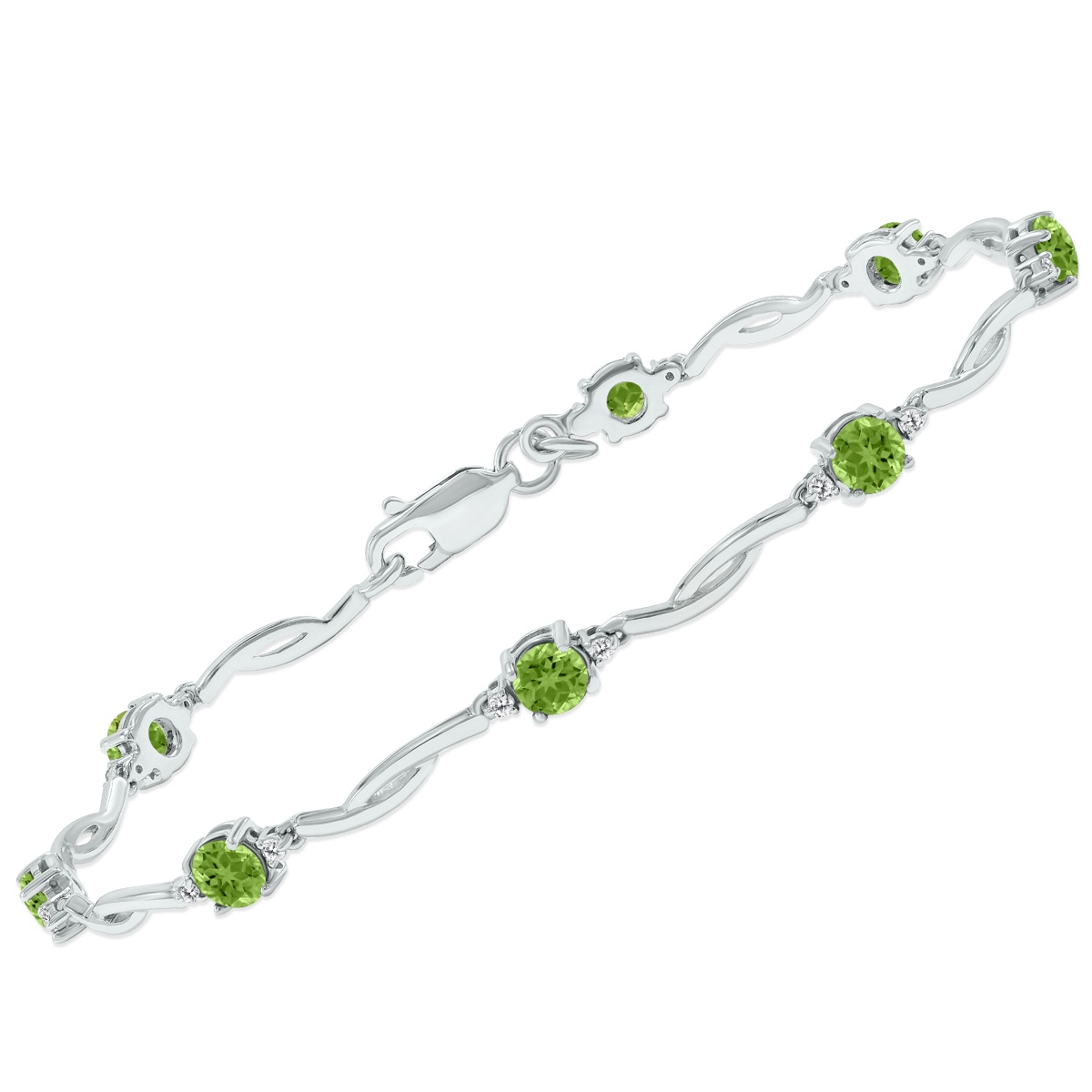 Peridot and Natural Diamond Braided Wave Bracelet in.925 Sterling Silver