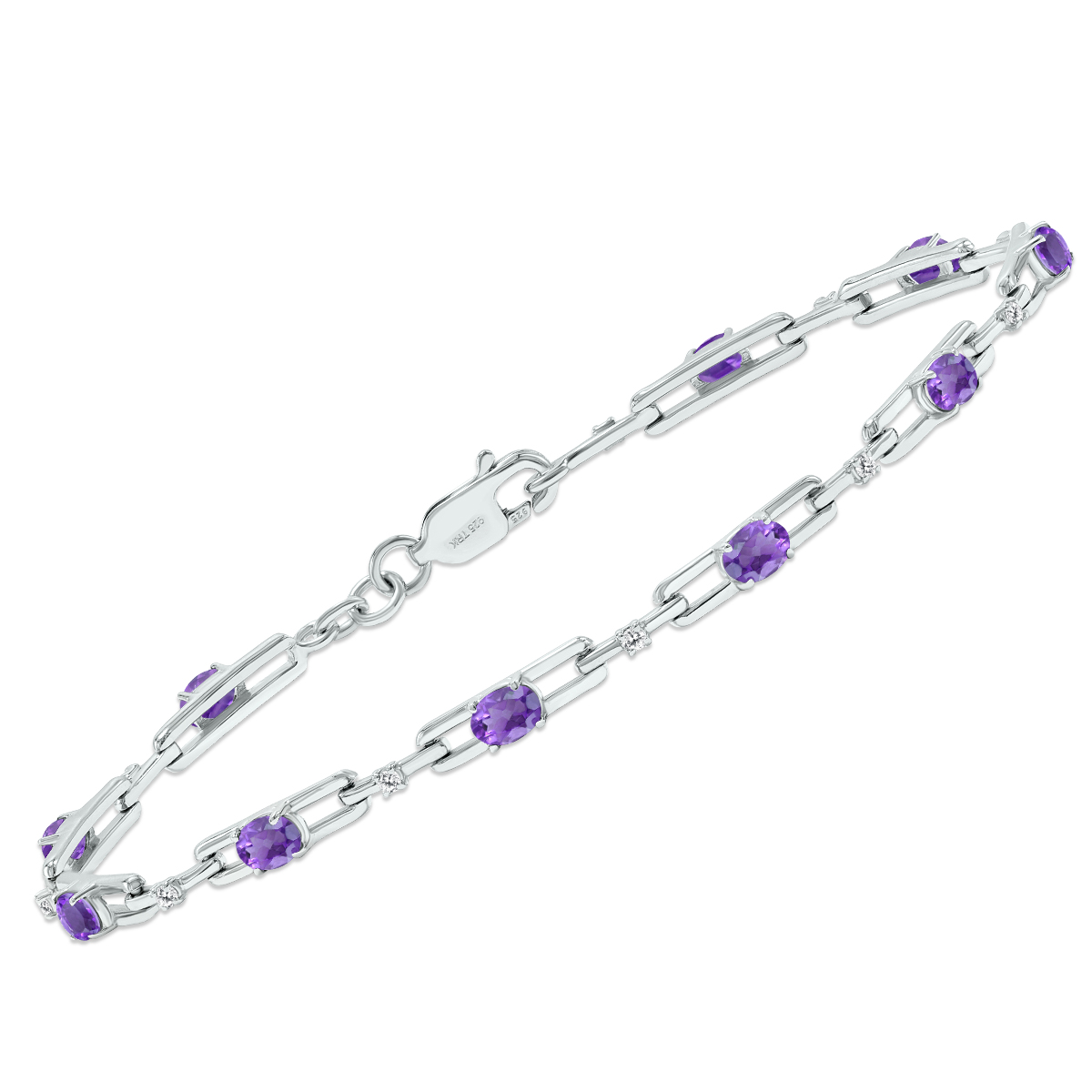 Amethyst and Natural Diamond Double Bar Link Bracelet in .925 Sterling Silver