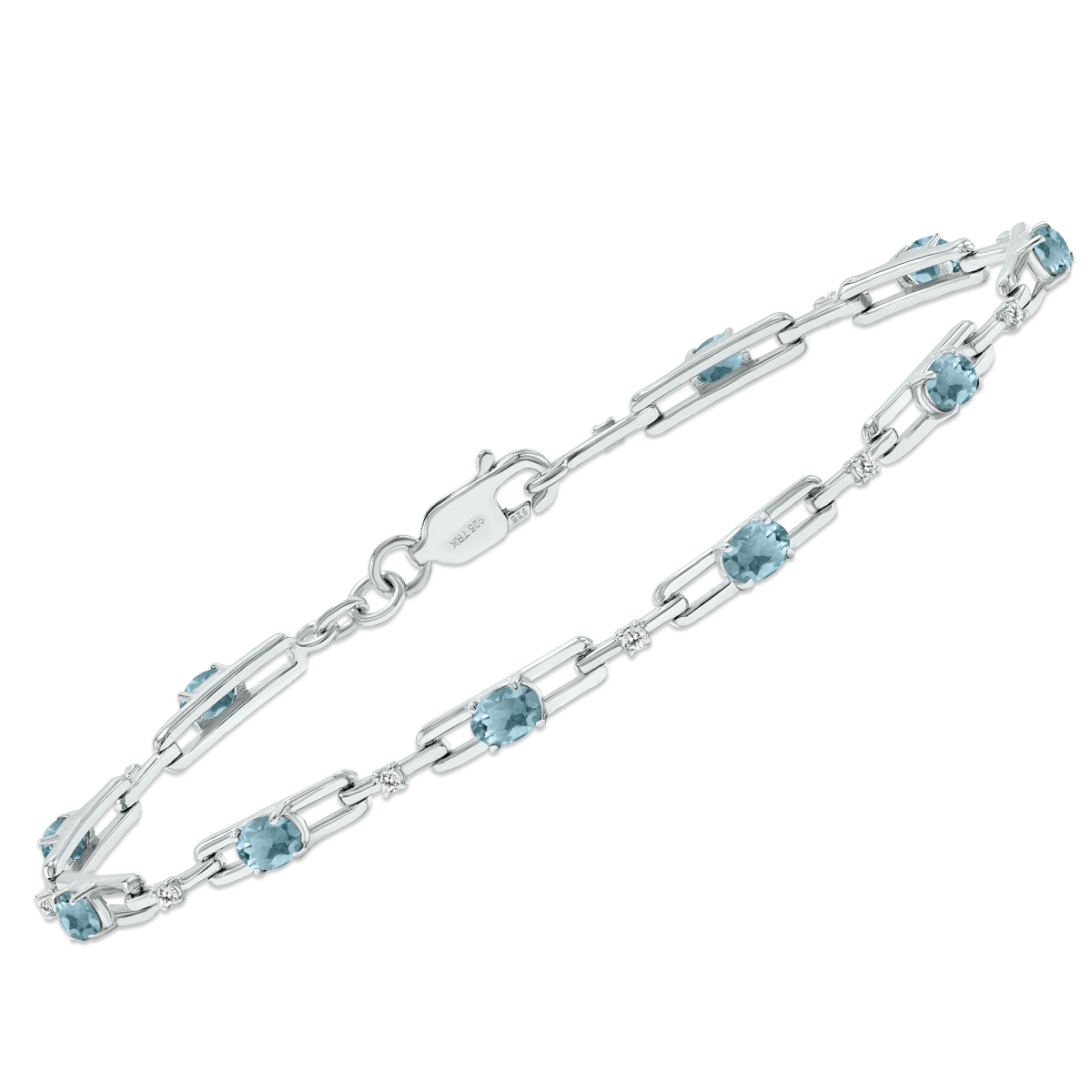 Aquamarine and Natural Diamond Double Bar Link Bracelet in.925 Sterling Silver