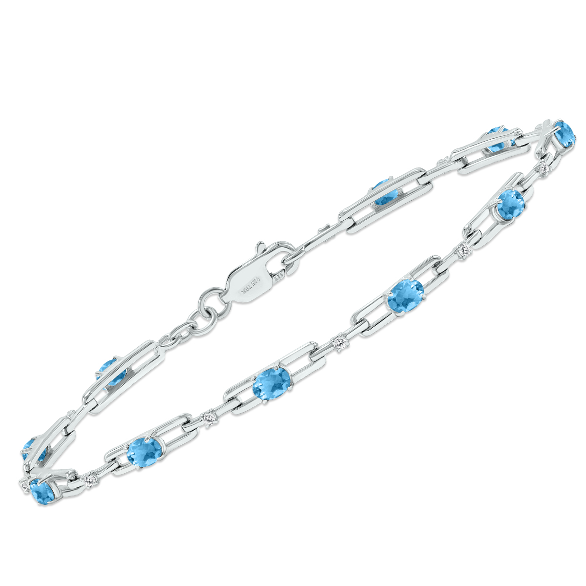 Blue Topaz and Natural Diamond Double Bar Link Bracelet in .925 Sterling Silver