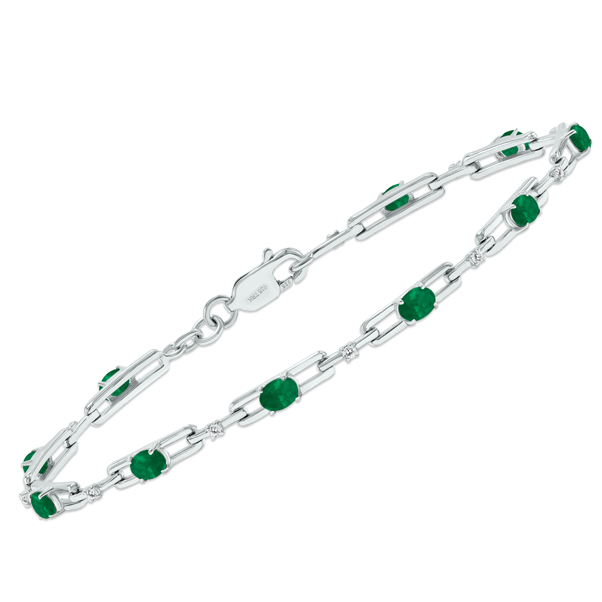 Emerald and Natural Diamond Double Bar Link Bracelet in .925 Sterling Silver