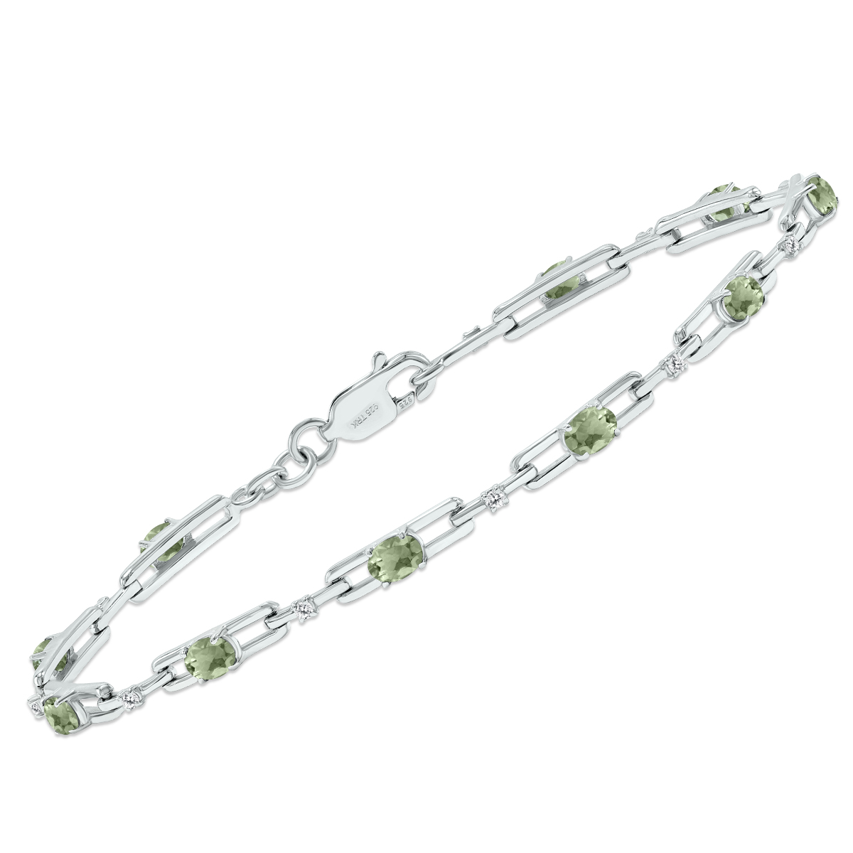 Green Amethyst and Natural Diamond Double Bar Link Bracelet in .925 Sterling Silver