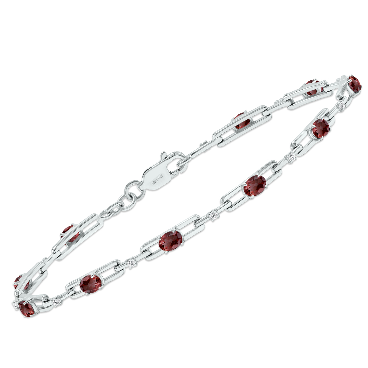 Garnet and Natural Diamond Double Bar Link Bracelet in.925 Sterling Silver