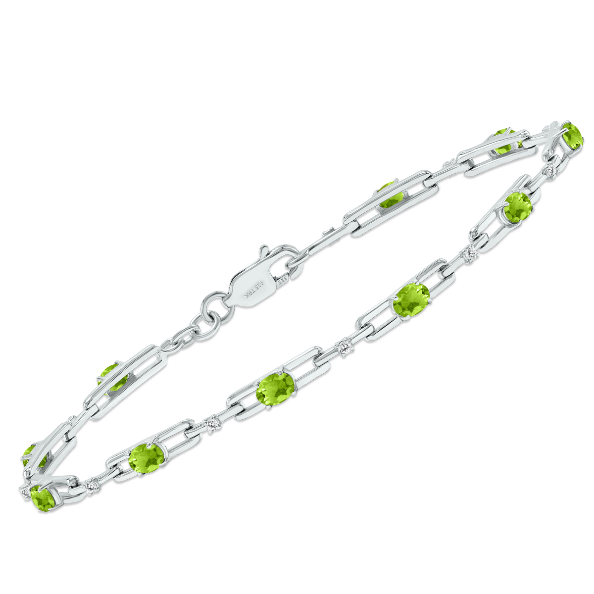 Peridot and Natural Diamond Double Bar Link Bracelet in.925 Sterling Silver