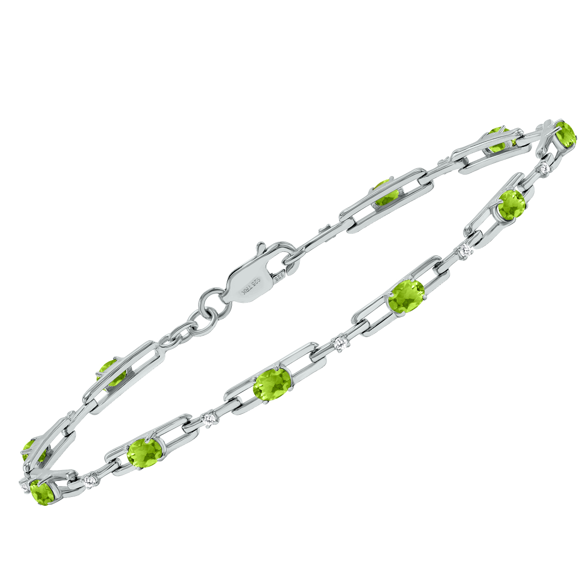 Peridot and Natural Diamond Double Bar Link Bracelet in.925 Sterling Silver