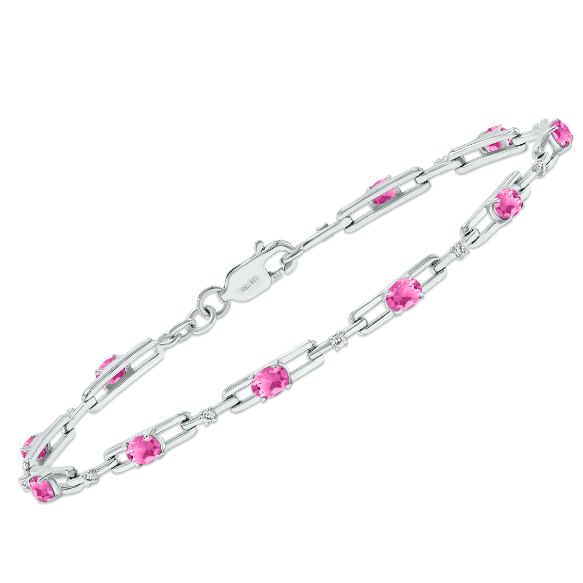 Pink Topaz and Natural Diamond Double Bar Link Bracelet in.925 Sterling Silver