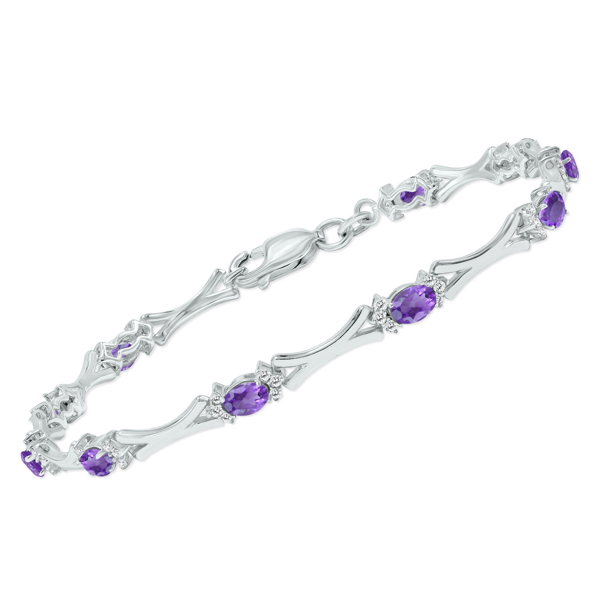 Amethyst and Natural Diamond Sculpted X Link Bracelet in .925 Sterling Silver