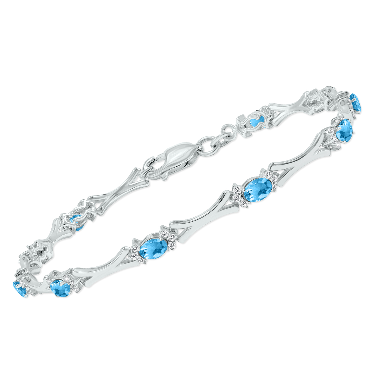 Blue Topaz and Natural Diamond Sculpted X Link Bracelet in.925 Sterling Silver