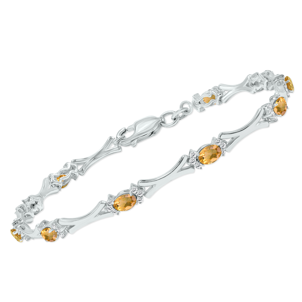 Citrine and Natural Diamond Sculpted X Link Bracelet in .925 Sterling Silver
