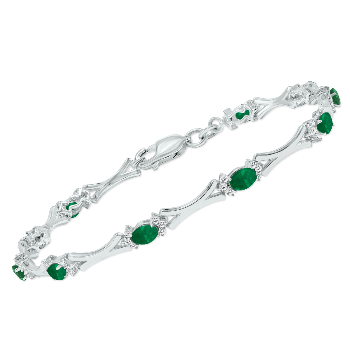 Emerald and Natural Diamond Sculpted X Link Bracelet in .925 Sterling Silver