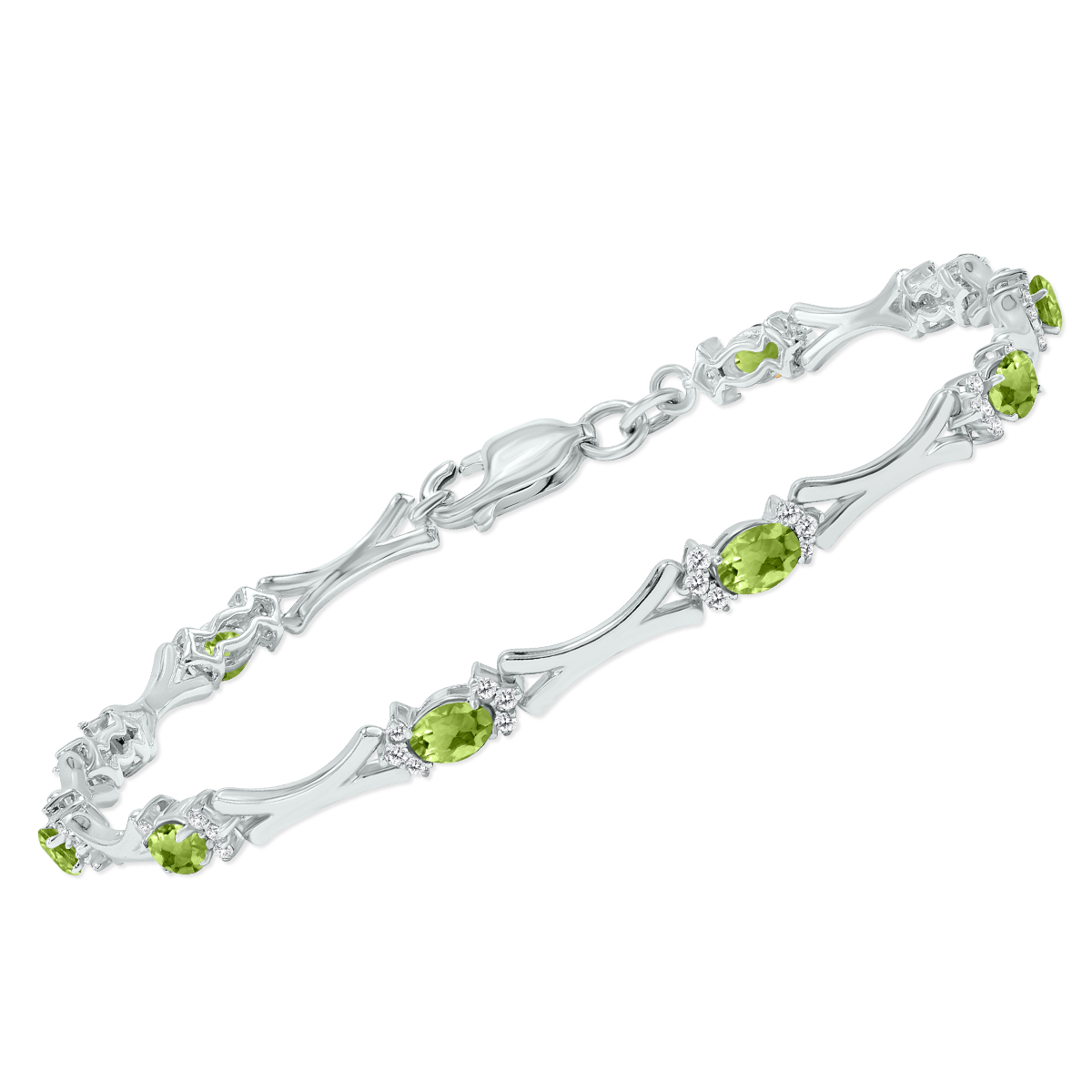 Peridot and Natural Diamond Sculpted X Link Bracelet in.925 Sterling Silver