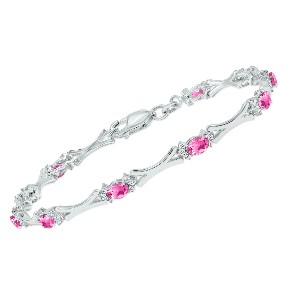 Pink Topaz and Natural Diamond Sculpted X Link Bracelet in .925 Sterling Silver