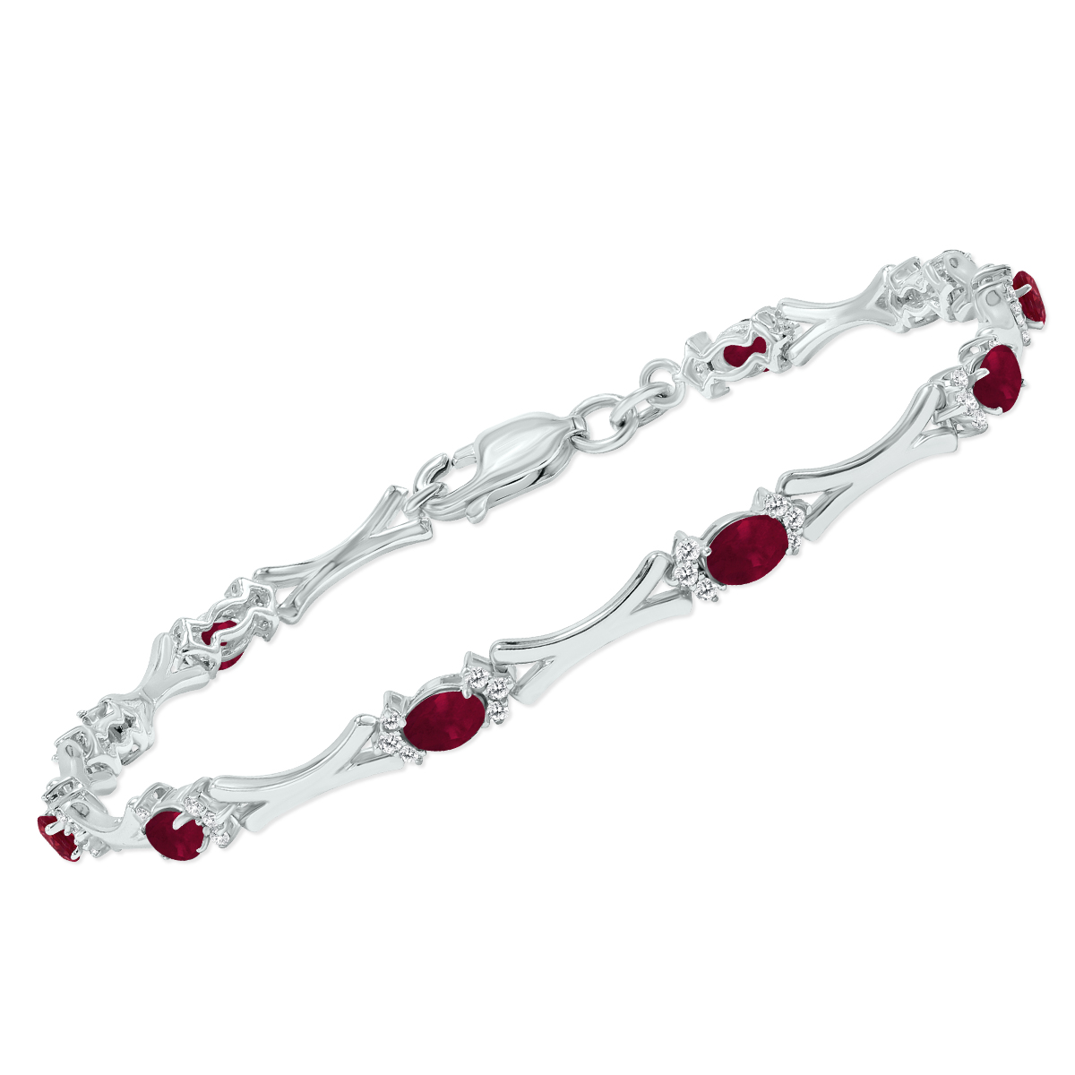 Ruby and Natural Diamond Sculpted X Link Bracelet in.925 Sterling Silver