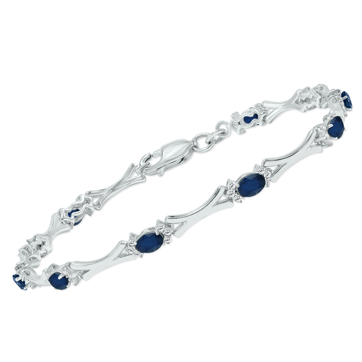 Sapphire and Natural Diamond Sculpted X Link Bracelet in.925 Sterling Silver