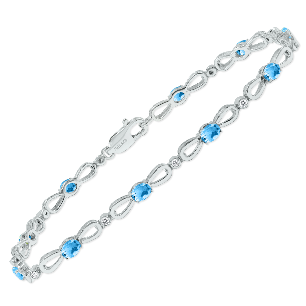 Blue Topaz and Natural Diamond Ribbon Loop Bracelet in.925 Sterling Silver