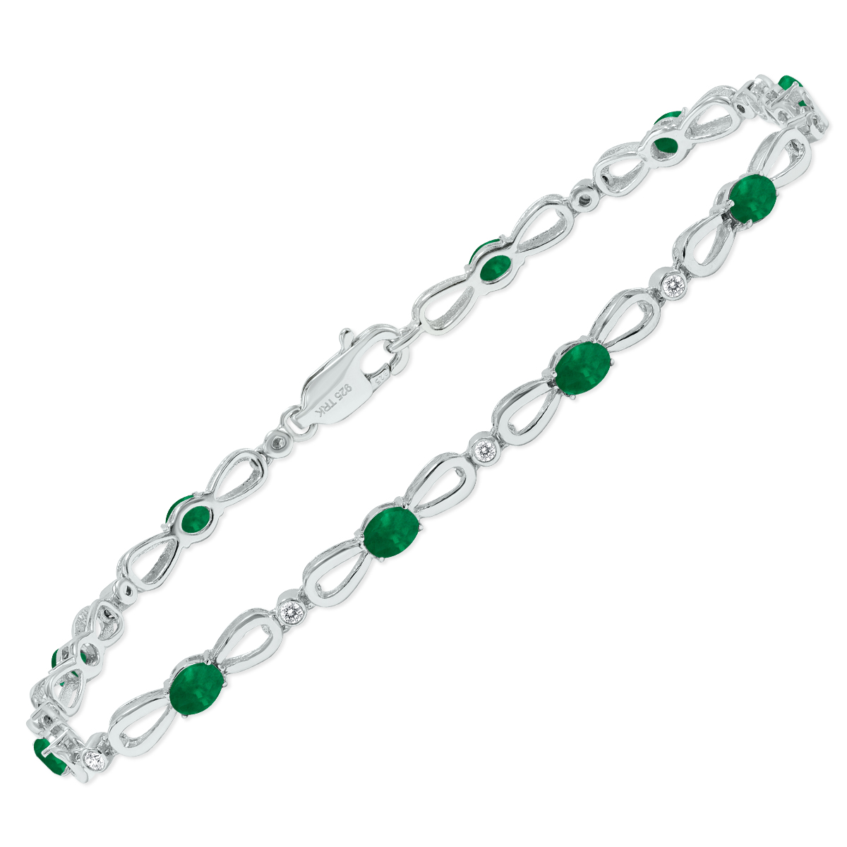 Emerald and Natural Diamond Ribbon Loop Bracelet in .925 Sterling Silver