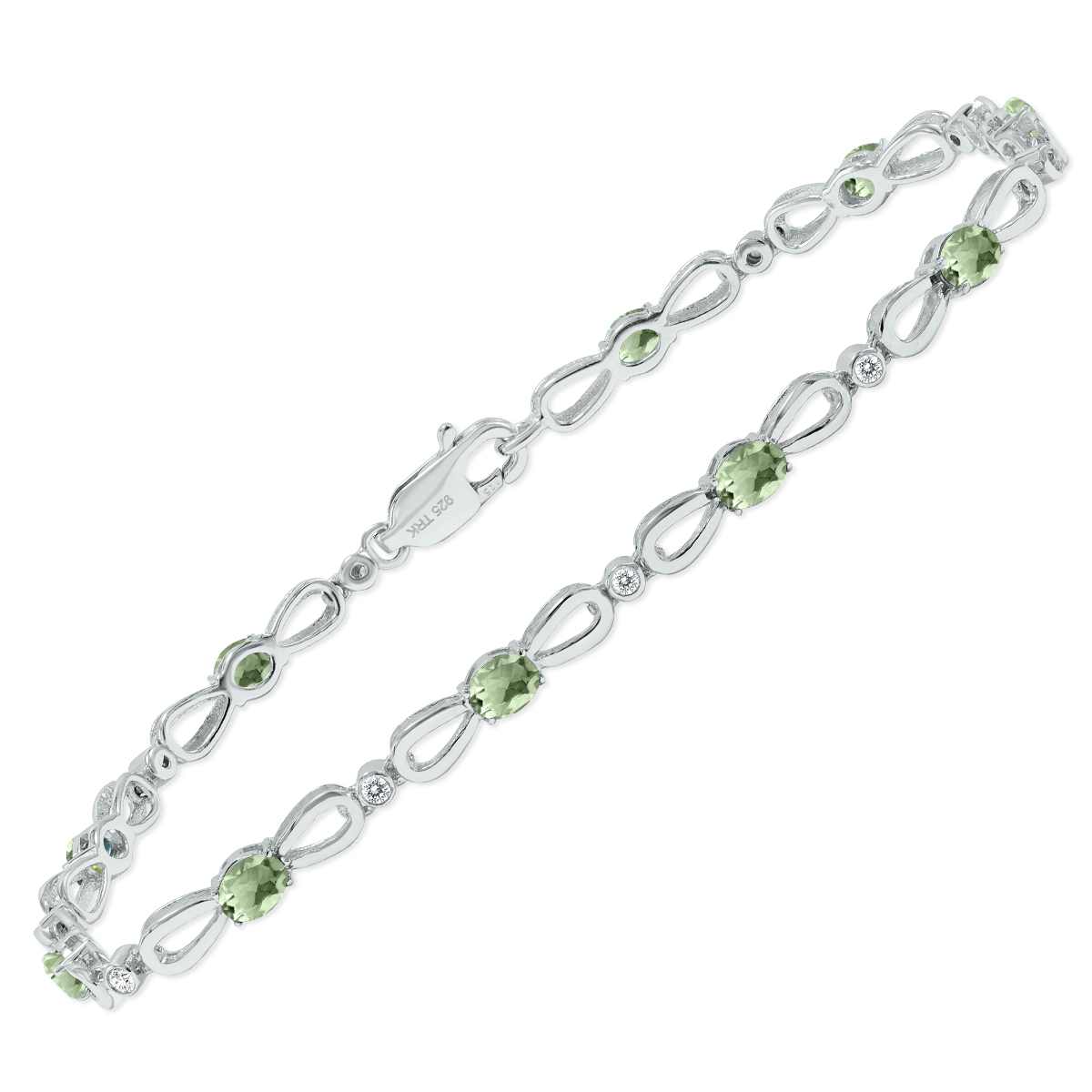 Green Amethyst and Natural Diamond Ribbon Loop Bracelet in .925 Sterling Silver