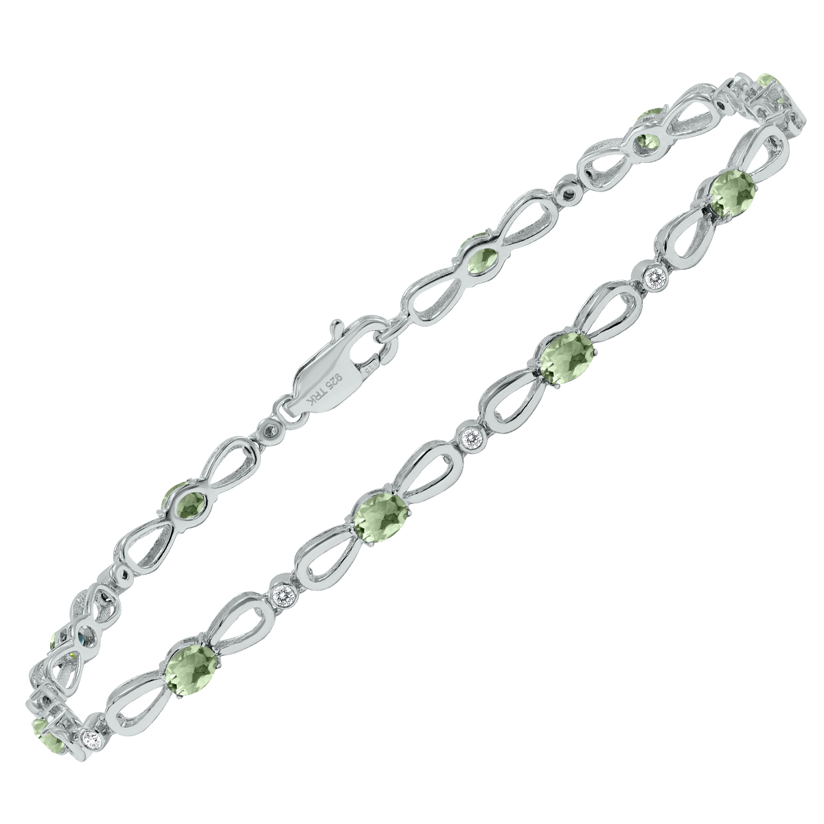 Green Amethyst and Natural Diamond Ribbon Loop Bracelet in.925 Sterling Silver