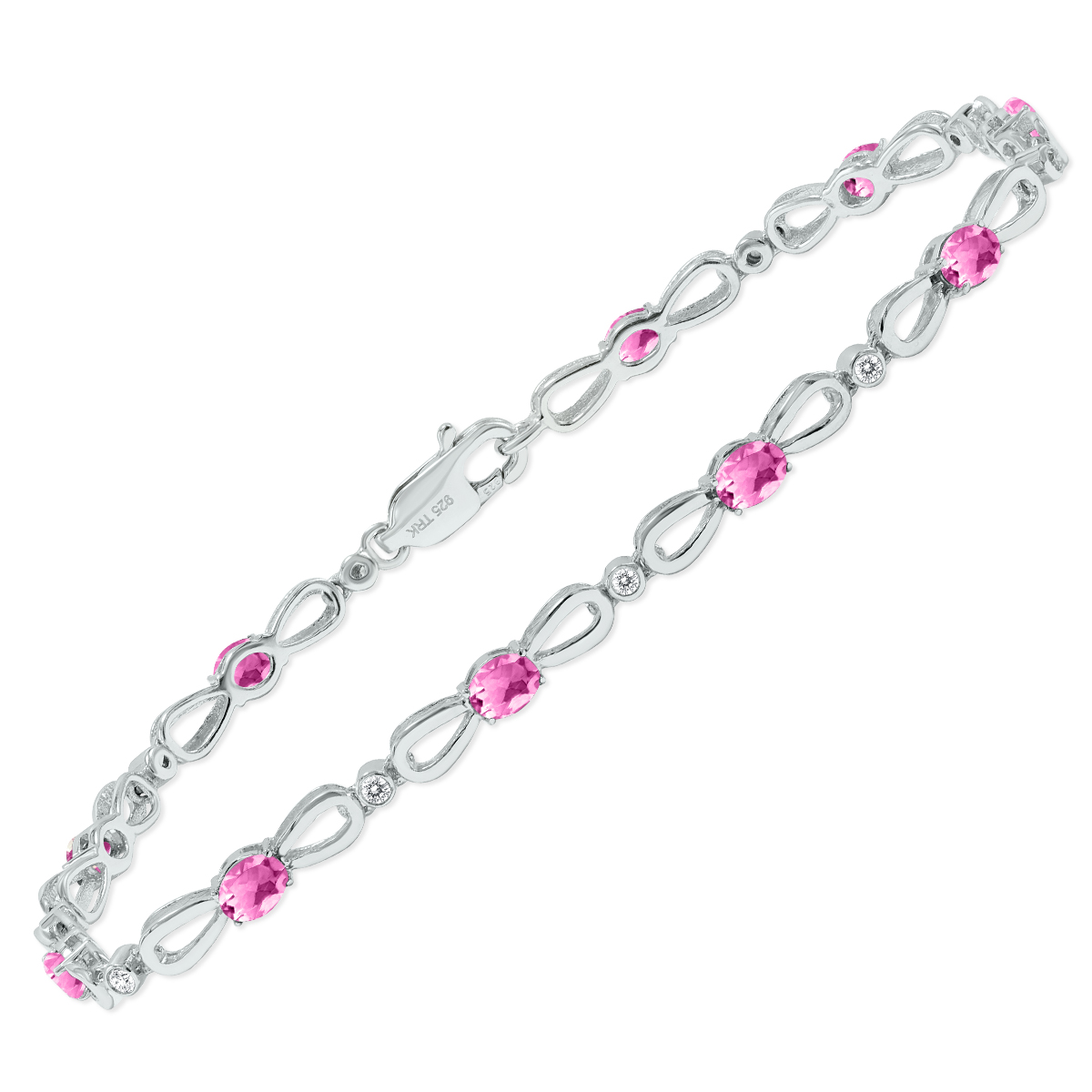 Pink Topaz and Natural Diamond Ribbon Loop Bracelet in.925 Sterling Silver