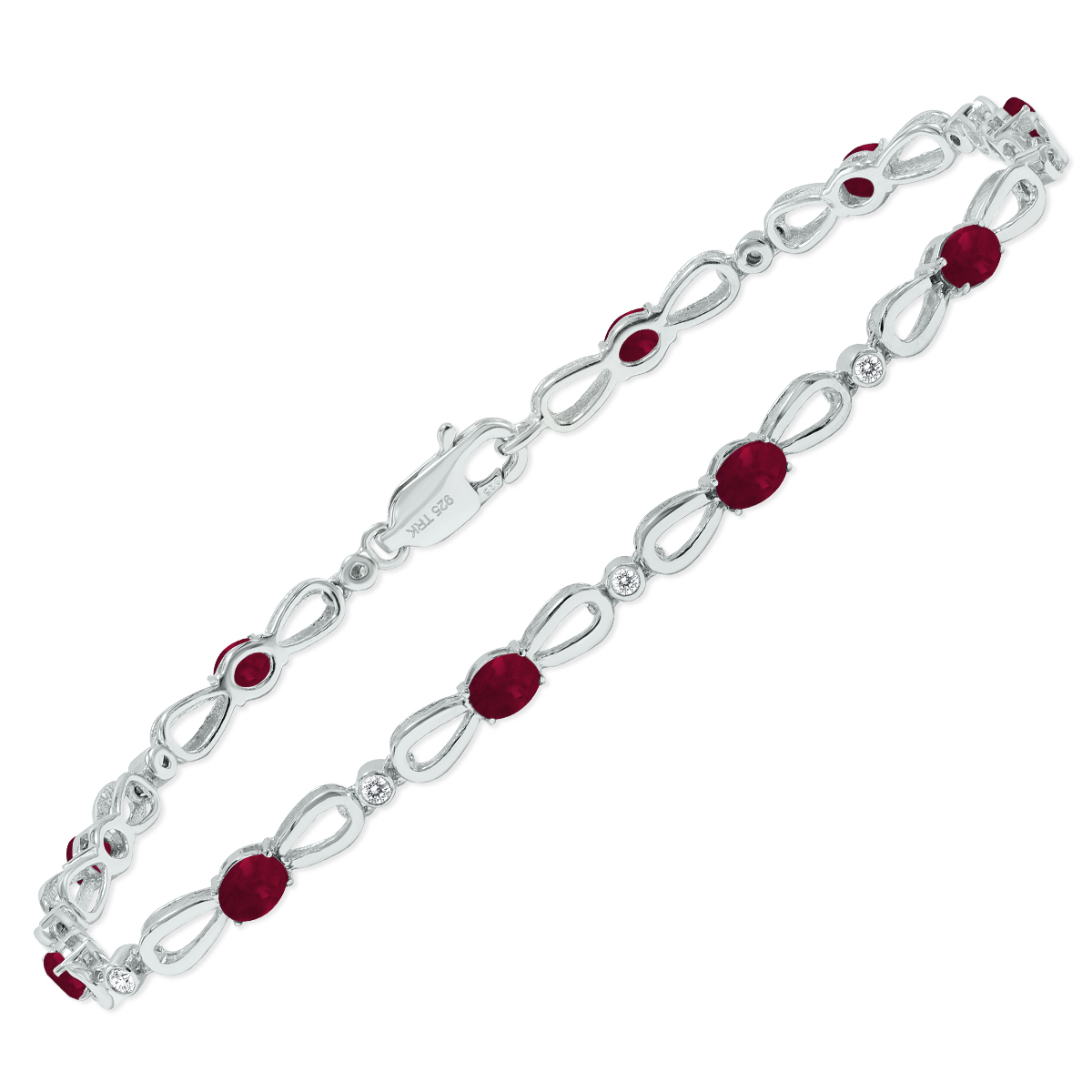 Ruby and Natural Diamond Ribbon Loop Bracelet in.925 Sterling Silver
