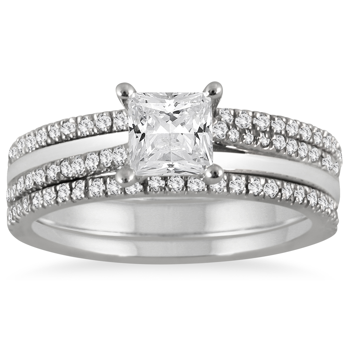 1 1/8 Carat TW Princess Cut Diamond Three Piece Bridal Set in 14K White Gold