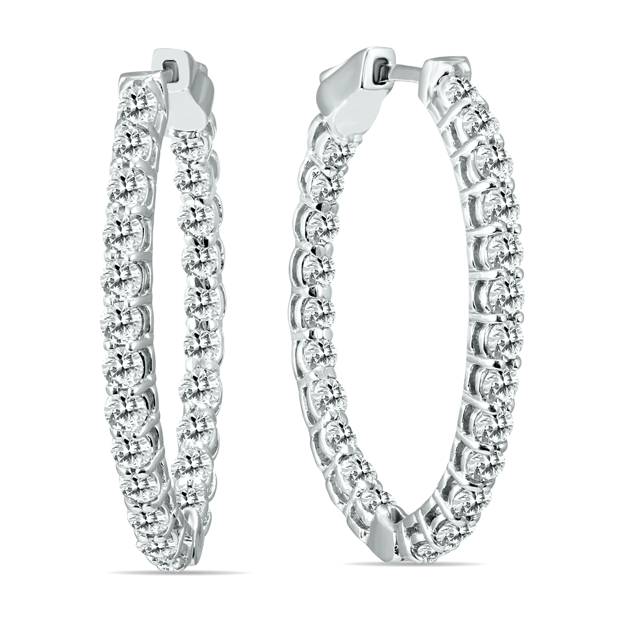 2 CTW Oval Genuine Diamond Hoop Earrings with Push Button Locks in 14K White Gold