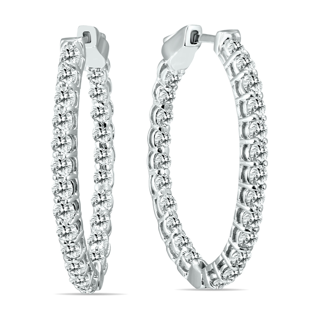 3 CTW Oval Natural Diamond Hoop Earrings with Push Button Locks in 14K White Gold