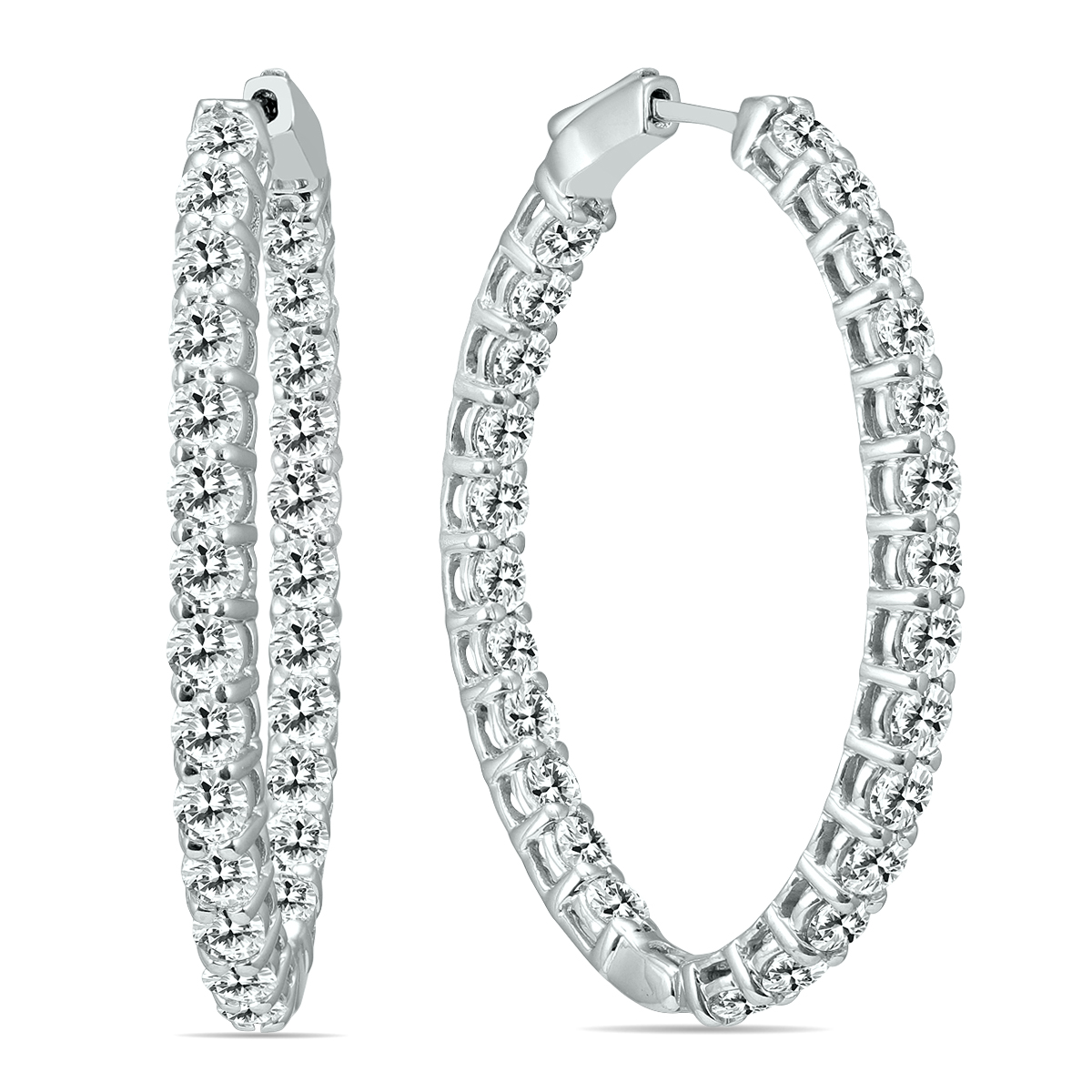 5 CTW Oval Natural Diamond Hoop Earrings with Push Button Locks in 14K White Gold