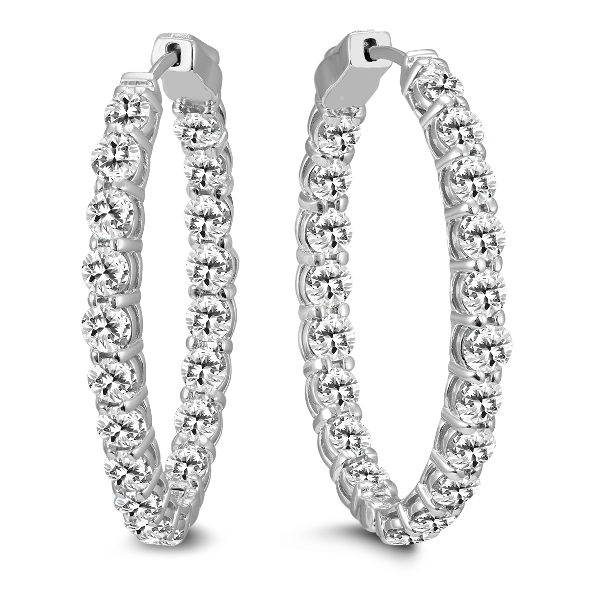 10 Carat TW Oval Diamond Hoop Earrings with Push Button Locks in 14K White Gold