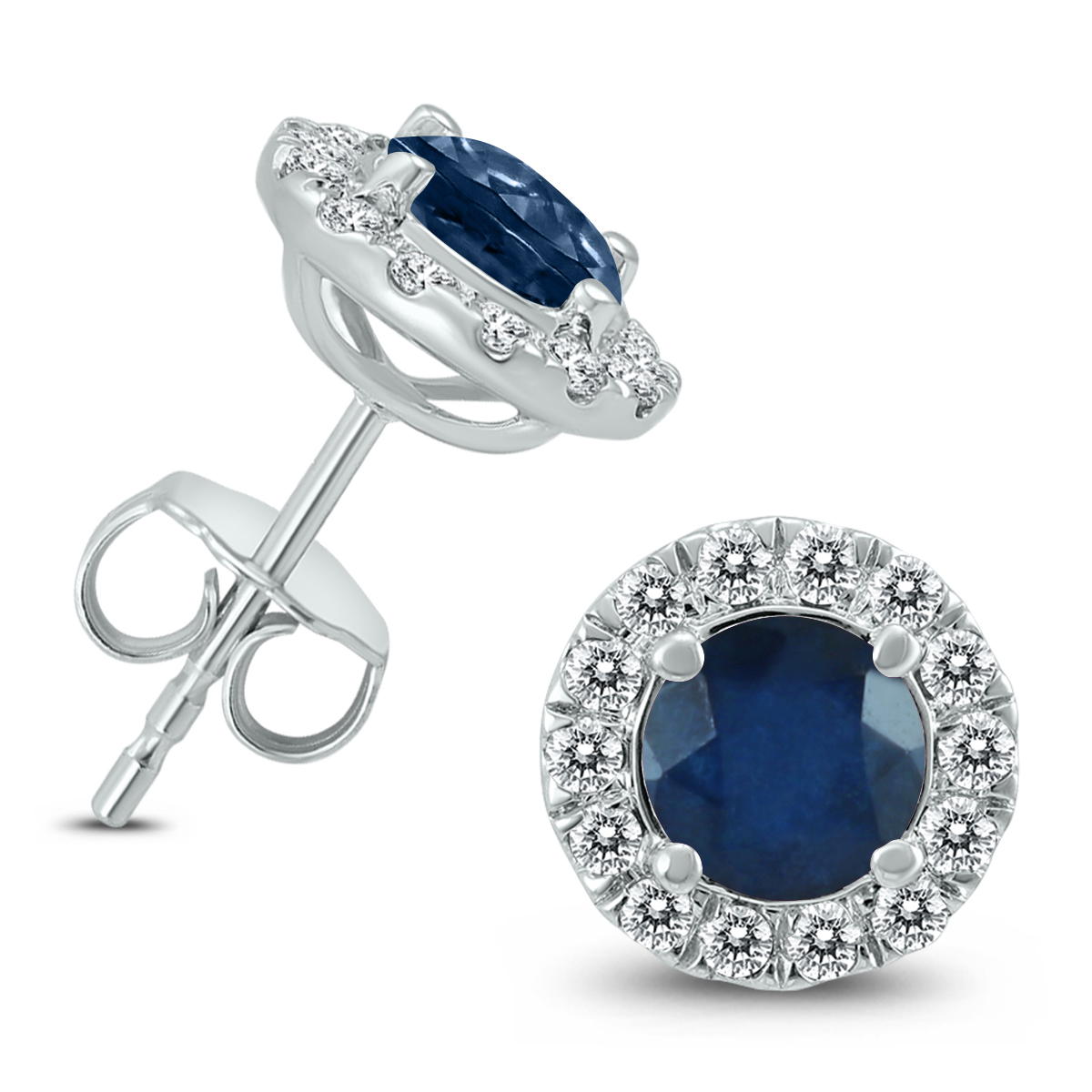 Genuine 1 3/4 Carat TW Natural Sapphire And Real Diamond Halo Earrings in 14K White Gold