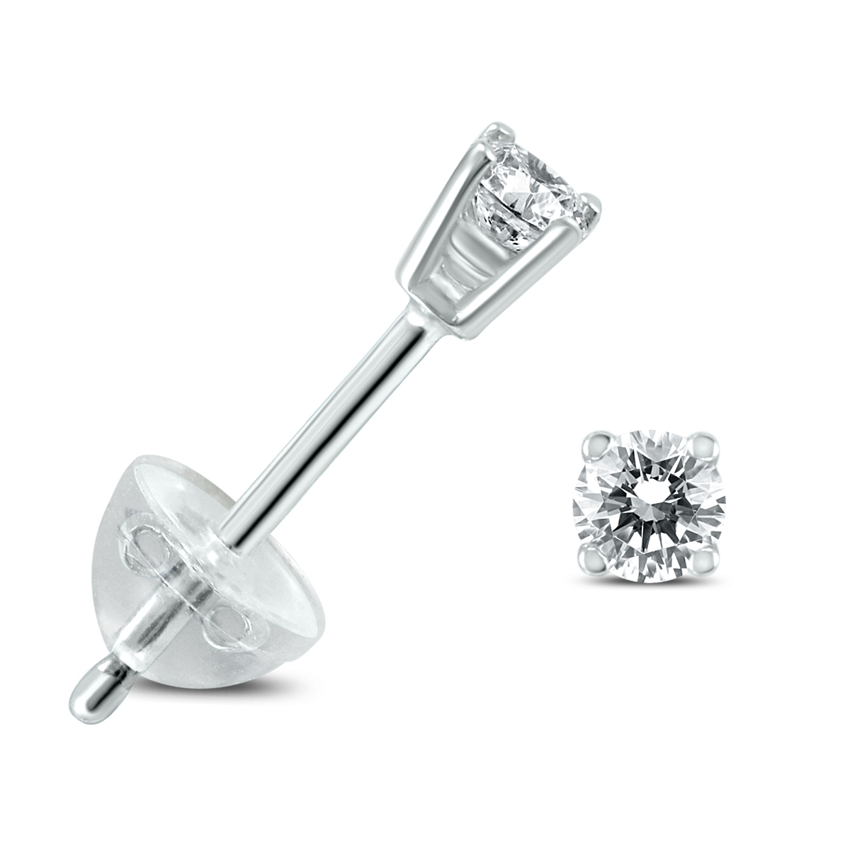 .07CTW Round Diamond Solitaire Stud Earrings In 14k White Gold with Silicon Backs