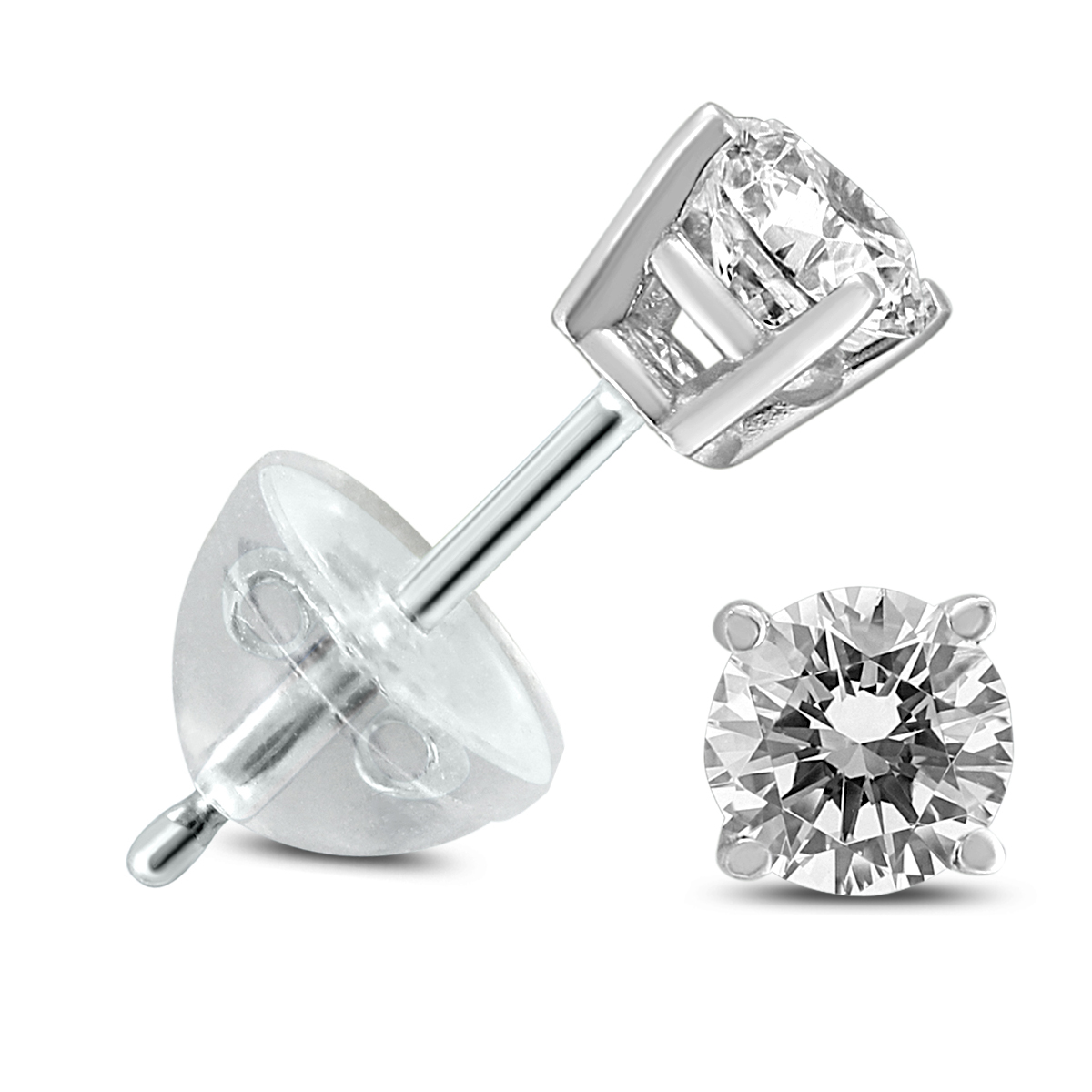 .18CTW Round Diamond Solitaire Stud Earrings In 14k White Gold with Silicon Backs