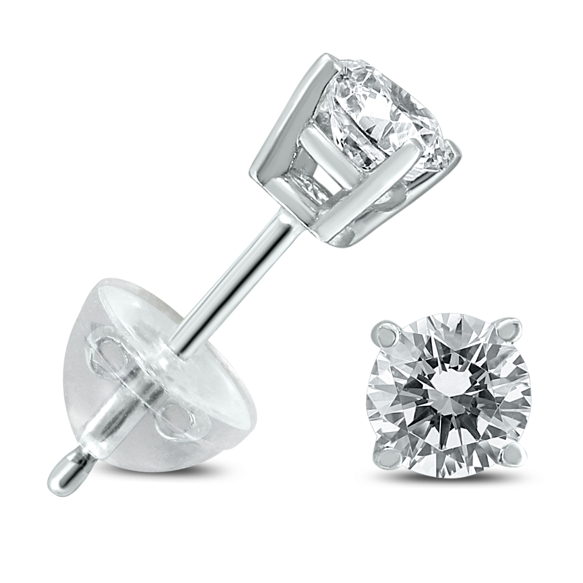 .30CTW Round Diamond Solitaire Stud Earrings In 14k White Gold with Silicon Backs