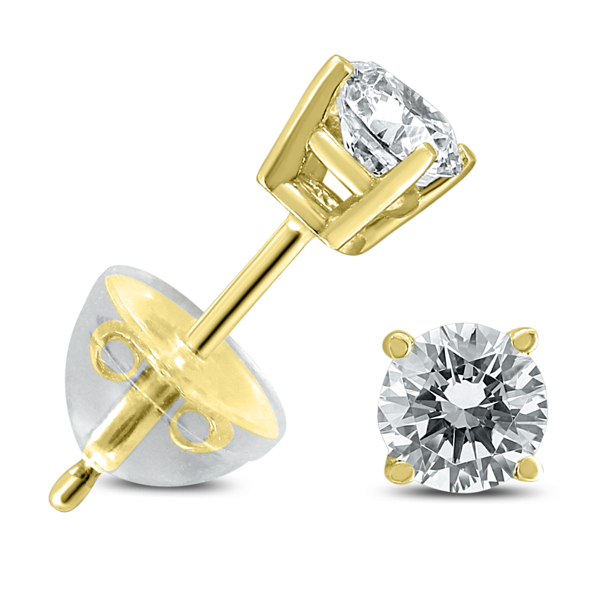 .30CTW Round Diamond Solitaire Stud Earrings In 14k Yellow Gold with Silicon Backs