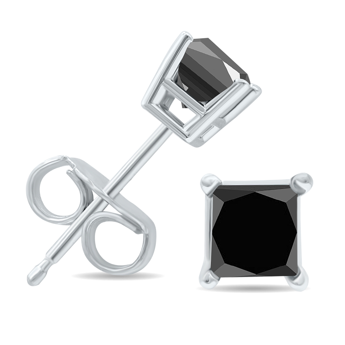 3/4 Carat TW Black Diamond Princess Cut Solitaire Stud Earrings in 10K White Gold